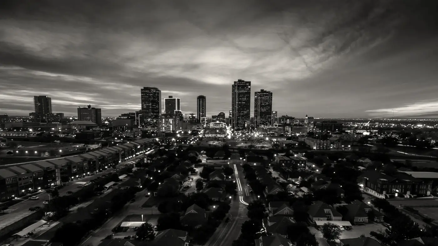 Black-and-white view of the downtown Fort Worth, Texas skyline