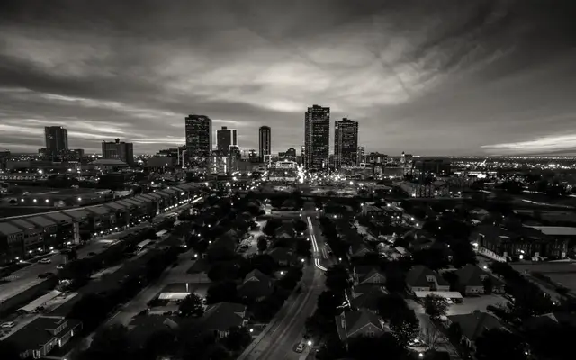 Black-and-white view of the downtown Fort Worth, Texas skyline