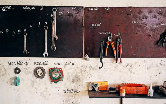 Hand tools hung in order on a workshop wall